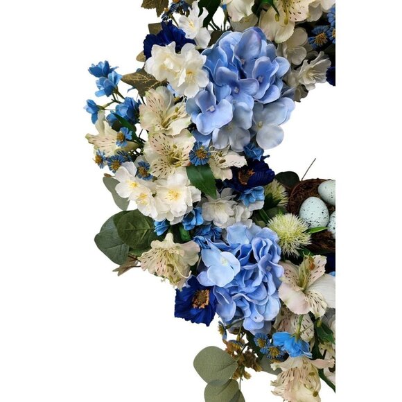 Blue Hydrangea wreath with poppies, birds nest and faux robin eggs. Beautiful!! - Picture 6 of 13